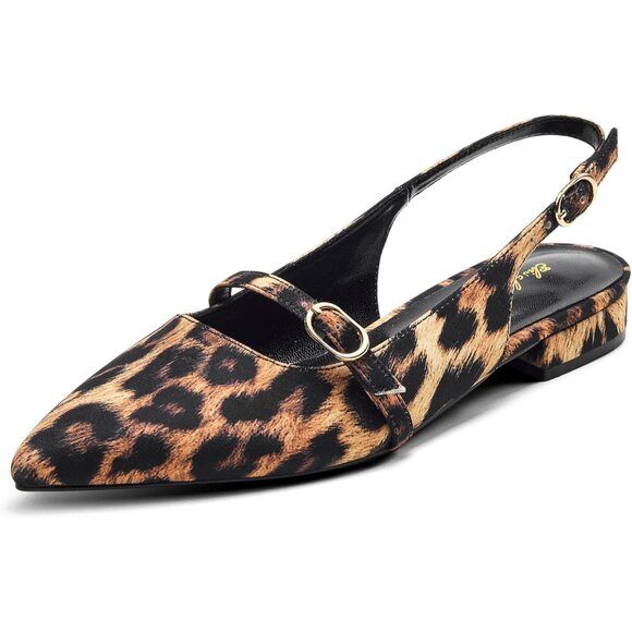 Women Leopard Polyurethane (PU) Rhinestone Pointed Toe Slingback Flats Shoes - Picture 4 of 6